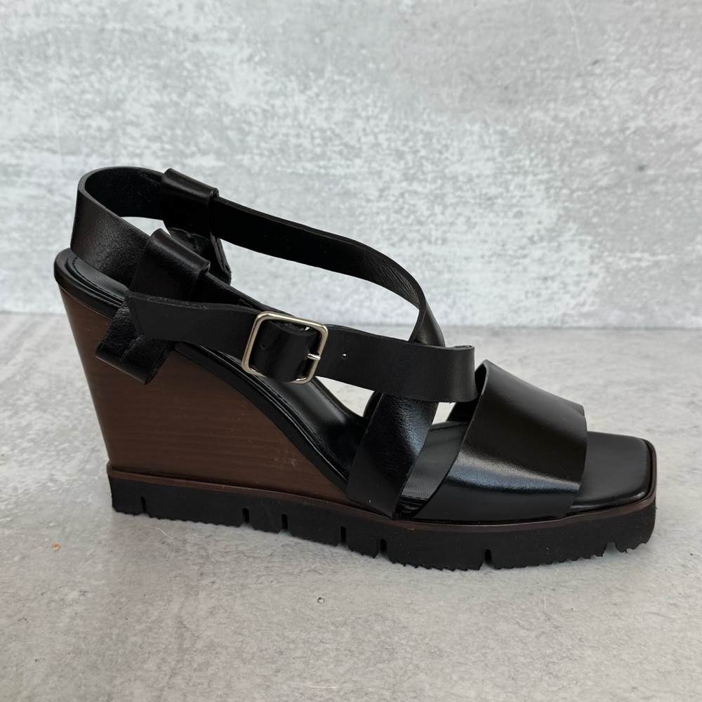 Theory Black Leather Wedge Sandals